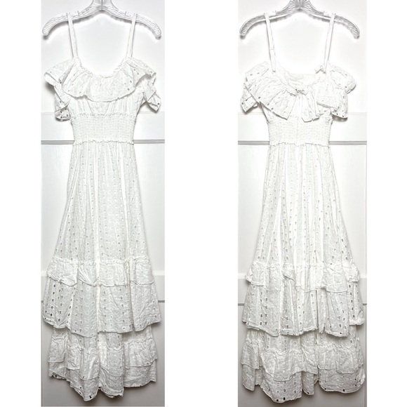 SLATE & WILLOW Cotton Eyelet Smocked Waist Sleeveless Tiered Ruffle Midi Dress M - Picture 5 of 9